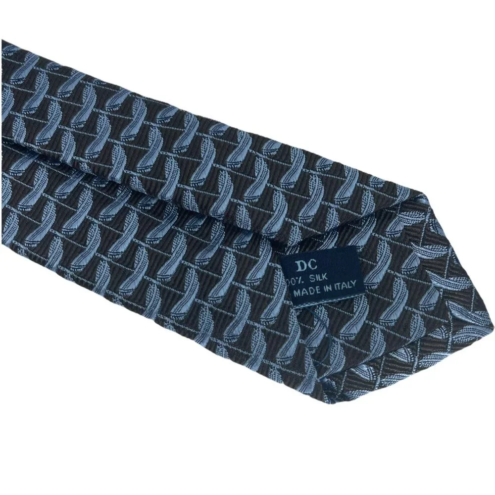 David Chu Mens Seven Fold Necktie Brown Blue Pattern 100% Silk Tie Made in Italy